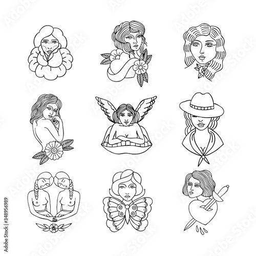 girls illustration traditional tattoo flash