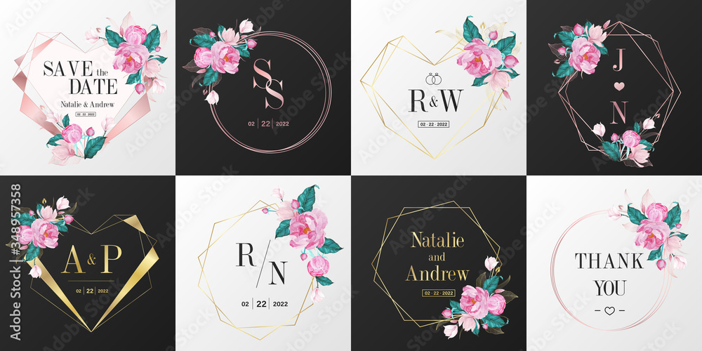 Wedding monogram logo collection. Watercolor floral frame for ...