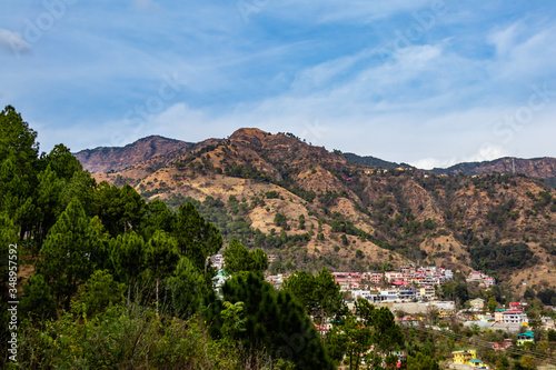 high angle shot of cityscape along side mountains and trees in the foreground