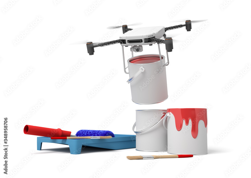 3d rendering of camera drone delivering can of red paint to two other cans standing on white background with brushes and paint roller in tray beside. 3d rendering of camera drone delivering can of red paint to two other cans standing on white background with brushes and paint roller in tray beside.