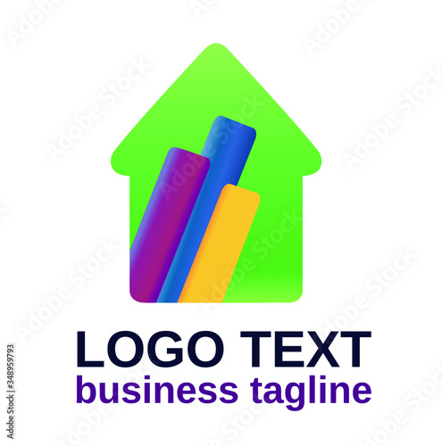 Vector logotype with green house. Good for build, floor covering, finishing and decorative material business. Colorful modern emblem with gradient shapes. 