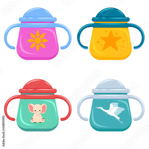 Baby feeding kit. Feeding bottle. Vector set. Feeding kit. First meal. Bottles. Vector illustration. Flower. Star. Elephant. Stork.