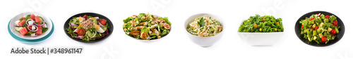 Assortment of different salads collage isolated on white background