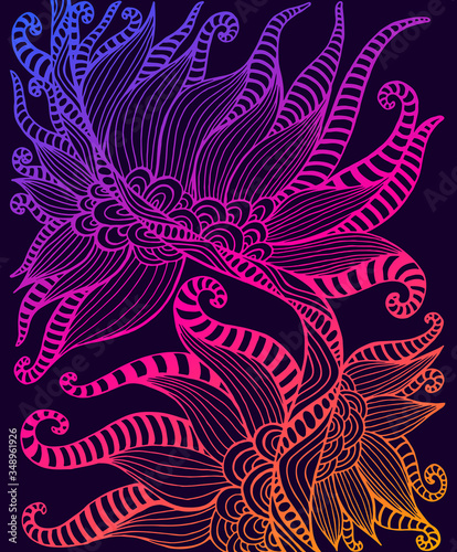 Vintage elegant colorful abstract ornament, bright orange pink purple gradient color outline, isolated on black background.