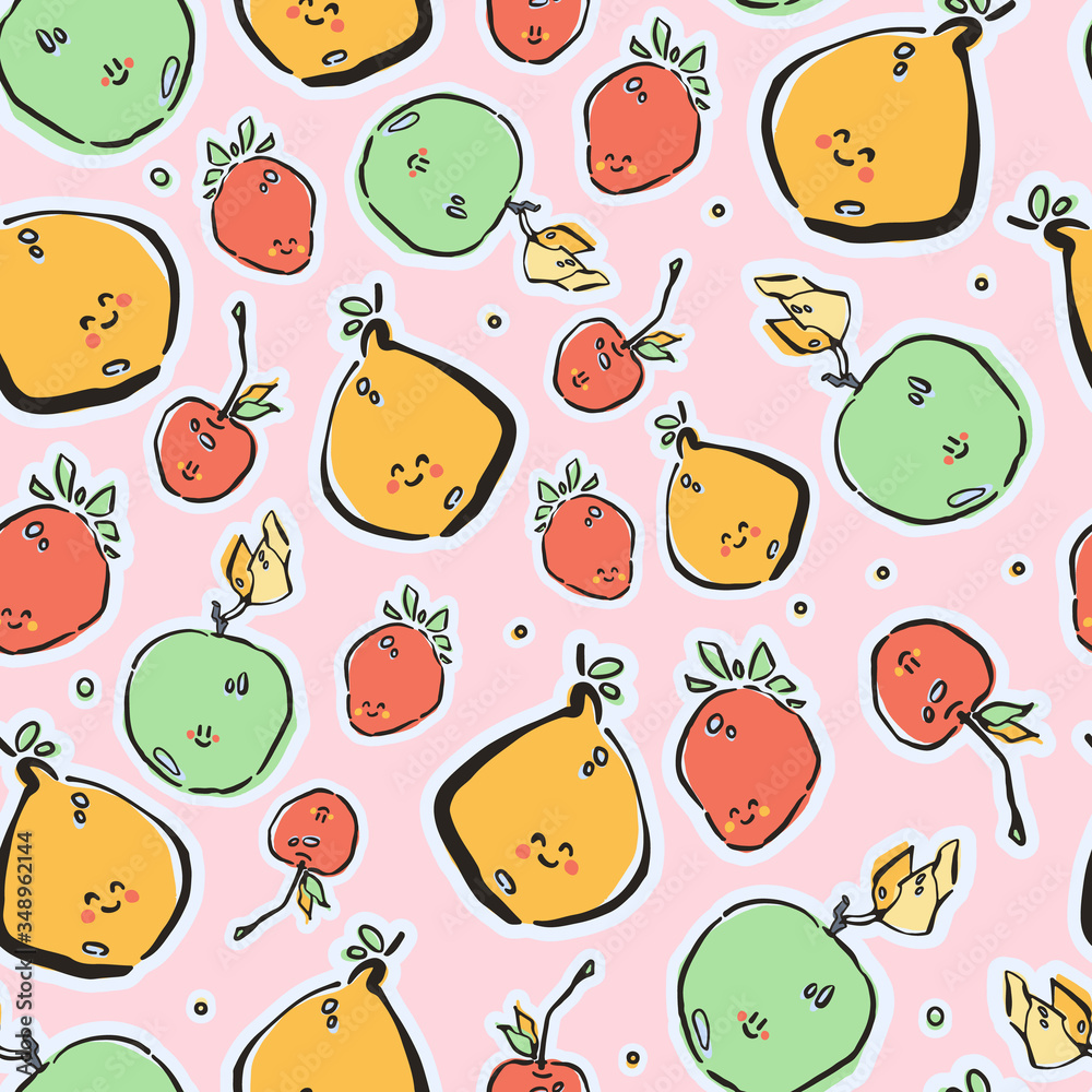 Fototapeta premium Colorful hand-drawn lfruits in vector seamless pattern. Contemporary cute bright summer background with trendy colors