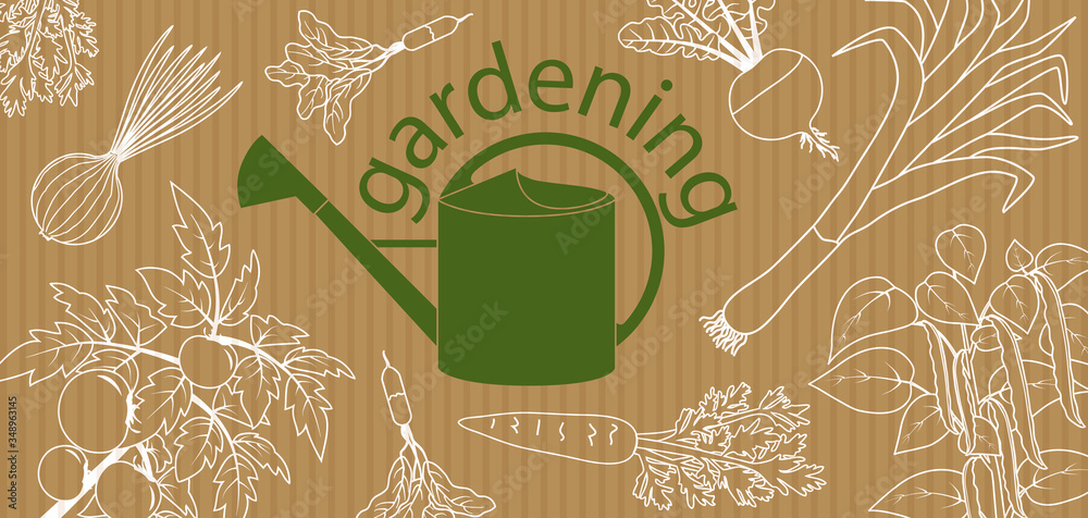 Vecteur Stock Affiche ou bannière sur le thème du jardinage avec divers  légumes en tracé blanc et un arrosoir vert sur un fond papier craft. |  Adobe Stock