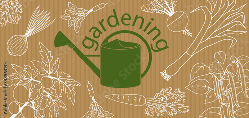 Affiche ou bannière sur le thème du jardinage avec divers légumes en tracé blanc et un arrosoir vert sur un fond papier craft.