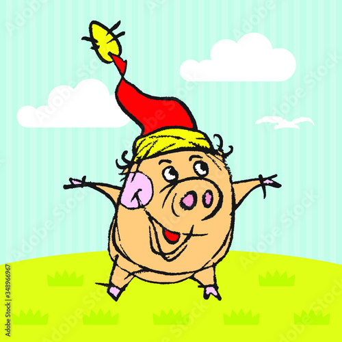 Vector drawing of a pig who dreams of flying.