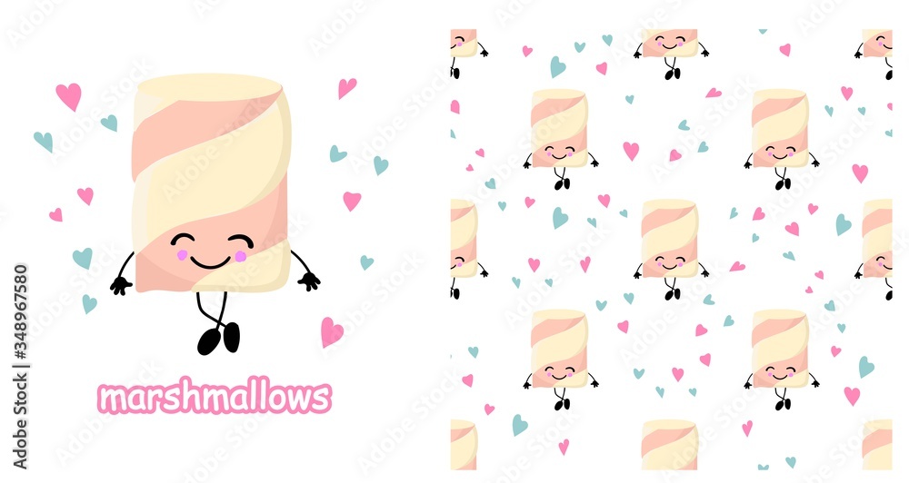 Marshmallow character. Cute cartoon marshmallows. illustration . Seamless pattern.. Marshmallow character. Cute cartoon marshmallows. illustration . Seamless pattern..