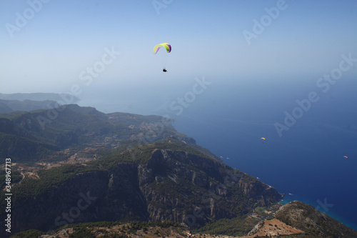 Top view, Blue Lagoon, Oludeniz coast, Fethiye, Mugla. Popular tourist place to travel in Turkey, nature reserve, active sport paragliding, parachute jump, view of the mountains and the sea from above