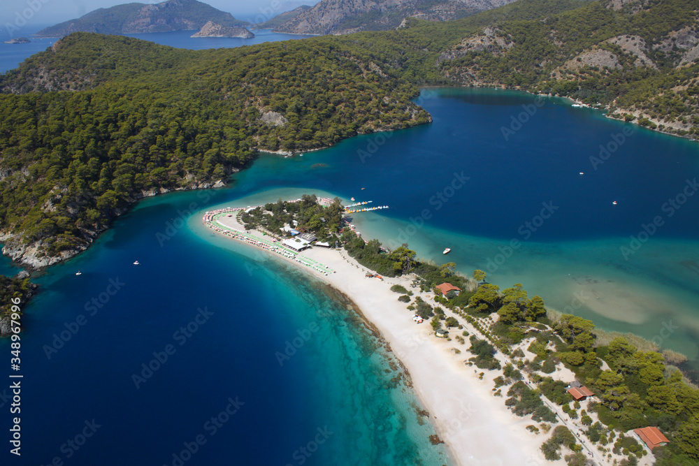 Top view, Blue Lagoon, Oludeniz coast, Fethiye, Mugla. Popular tourist place to travel in Turkey, nature reserve, banner
