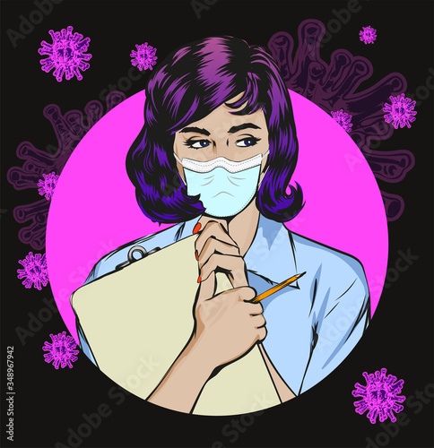 Doctor wearing medical face mask. Virus around
