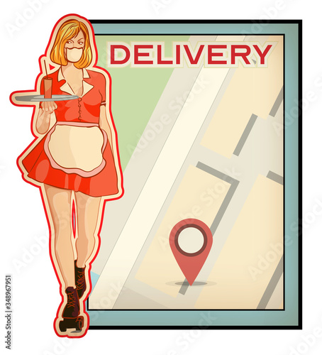 Vintage poster with delevery boy and modern map with GPS mark. Food order. Grunge old paper styled. Vector image photo