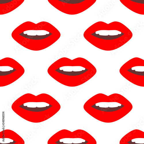 Seamless pattern made from flat red open lips. Isolated on white background. Vector stock illustration.