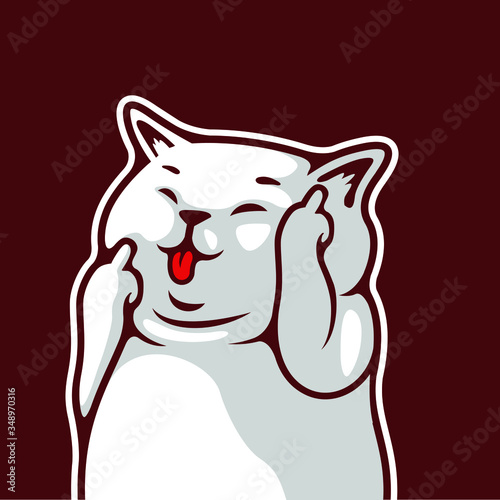Happy Face White Cute Cat Animal With Tongue Out Showing Fuck You Hand Gesture Vector Illustration - Vector