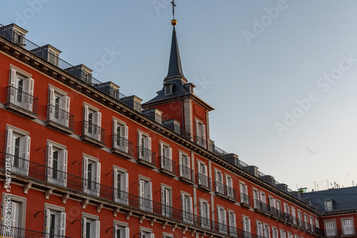 View of the Plaza Mayor in Madrid at sunset. Spain. Typical architecture of Madrid. Historical buildings.