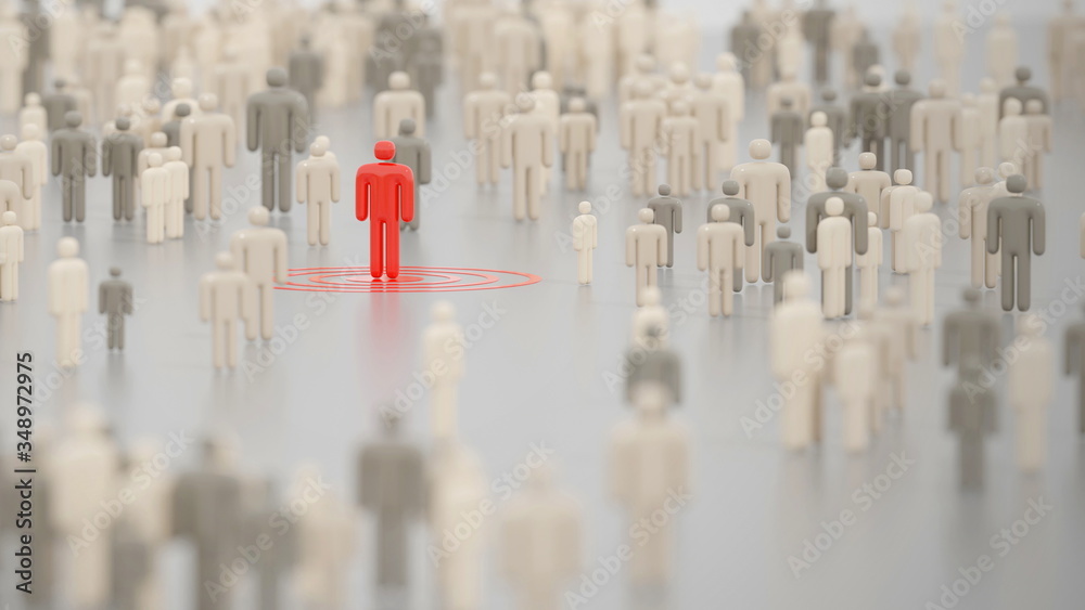 Infected person amid a large crowd in a public space. Digital 3D render concept. Infected person amid a large crowd in a public space. Digital 3D render concept.