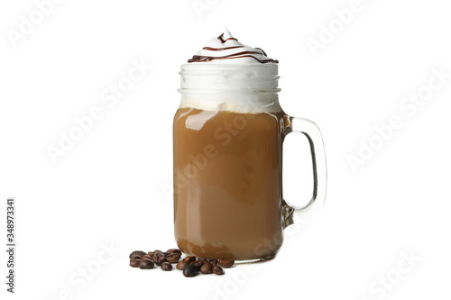 Canvastavla Iced coffee with poured cream isolated on white background