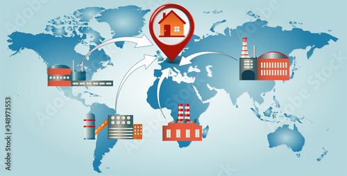 Reshoring concept. Factories companies come home. Increased protectionism. Self-sufficiency. Automated supply chain. Avoid production chain disruption. Local production. World map
