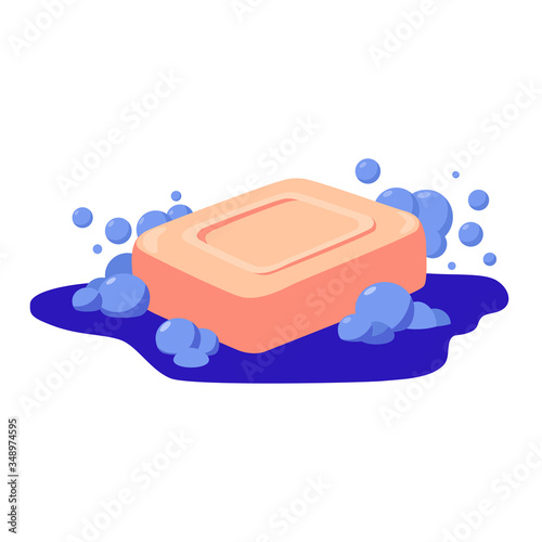 Bar of soap with foam isolated on white background. Vector flat illustration. Soap Bar with Bubbles. Pink bath soap in water.