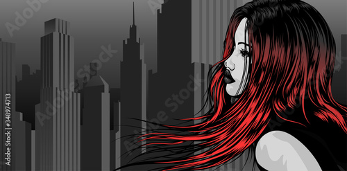 Woman with hair flying on wind. City scape background. Vector image