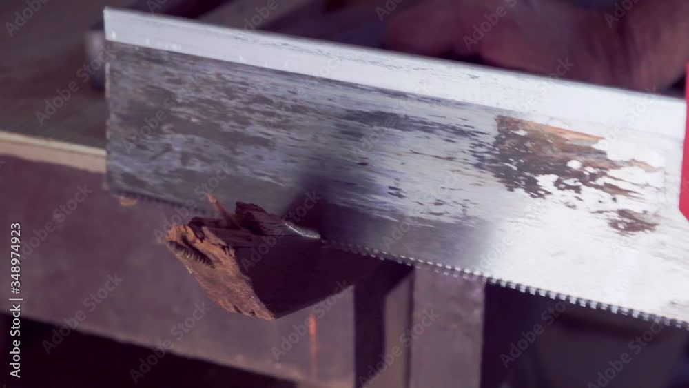 Joiner sawing wood with handsaw. Joiner sawing wood with handsaw.
