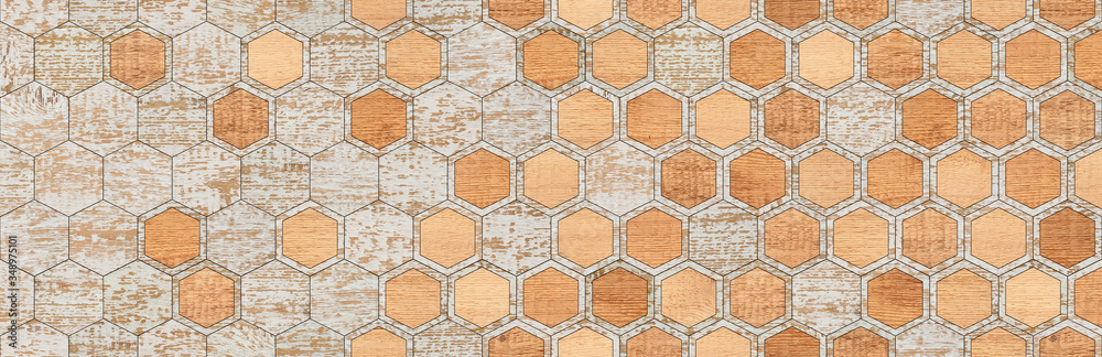 Natural wood texture background. Wooden wall with hexagonal pattern.