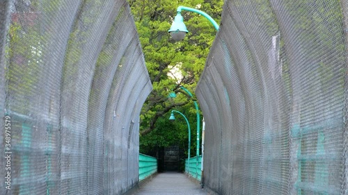 City bridge crossing lined with trees.