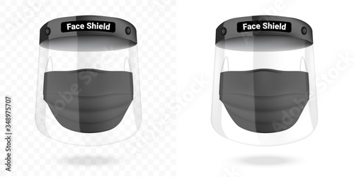 Surgical mask and Transparent face shield Virus Protection isolated on white background. Safety Breathing,  Health Care and Medical Concept Design.