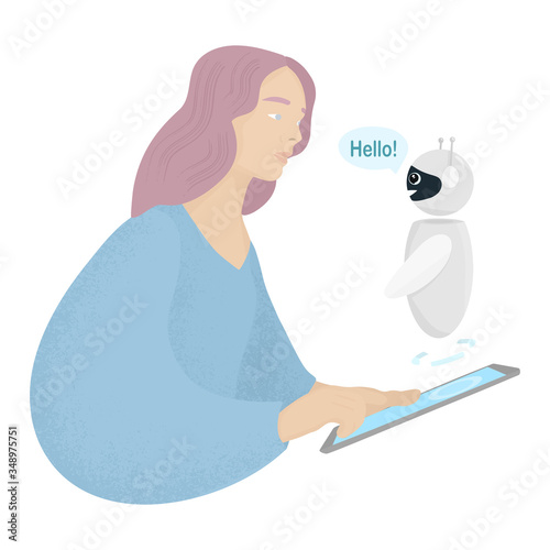 Girl communicates with chat bot. Concept of the interaction people with artificial intelligence. Chat with robot assistant. Future marketing. Vector isolated illustration.