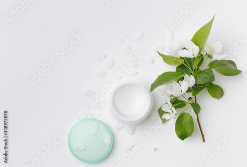 Eco cosmetic. Cream made from natural ingredients. Top view, flat lay, white background. Natural organic beauty cosmetics spa concept.