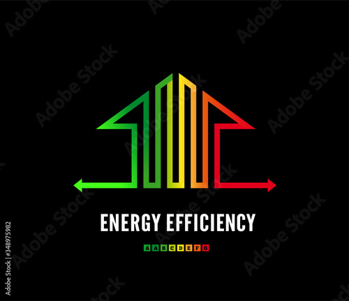 Home energy efficiency class sign. Eco house logo design. Vector illustration on a black