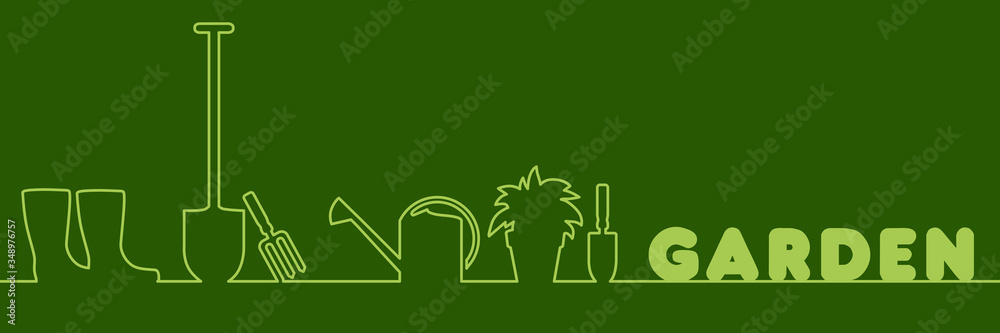 Bannière simple verte avec un filet qui dessine des outils de jardin.