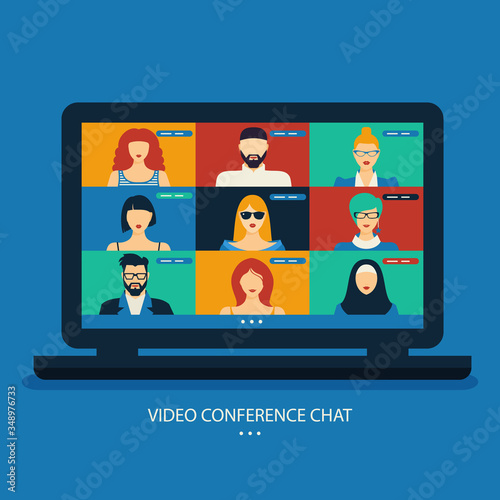 Stay home and work in internet. Video conference chat illustration. Workplace, laptop screen, group of people. Stream, web chatting, meeting friends online. Coronavirus and quarantine isolation