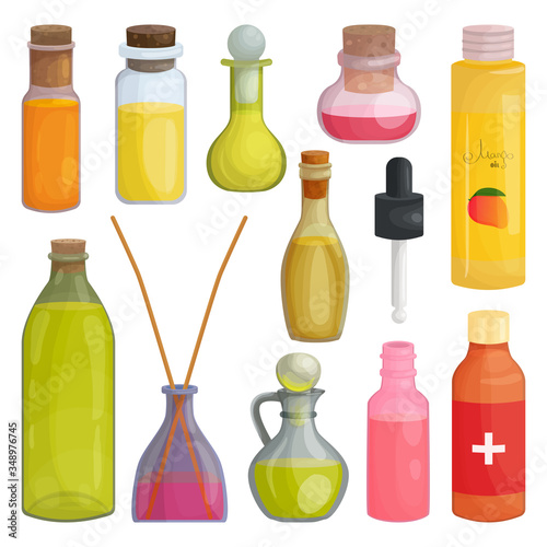 Vector illustration with a set of glass jars of vegetable or essential oil, walnut liquid oil in cartoon style. A bottle of aromatherapy oil for spa treatments, cooking and perfumes, at home packaging
