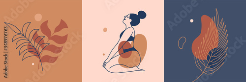 Vector set of design templates and illustrations in minimal linear style - minimalistic modern art - Beautiful female figure and leaves - abstract t-shirt print  - beauty and fashion concept