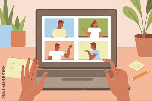 Vector illustration in simple flat style with characters - collective video conference and online group meeting - teamwork and remote freelance work