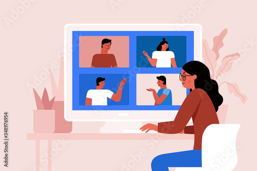 Vector illustration in simple flat style with characters - collective video conference and online group meeting - teamwork and remote freelance working