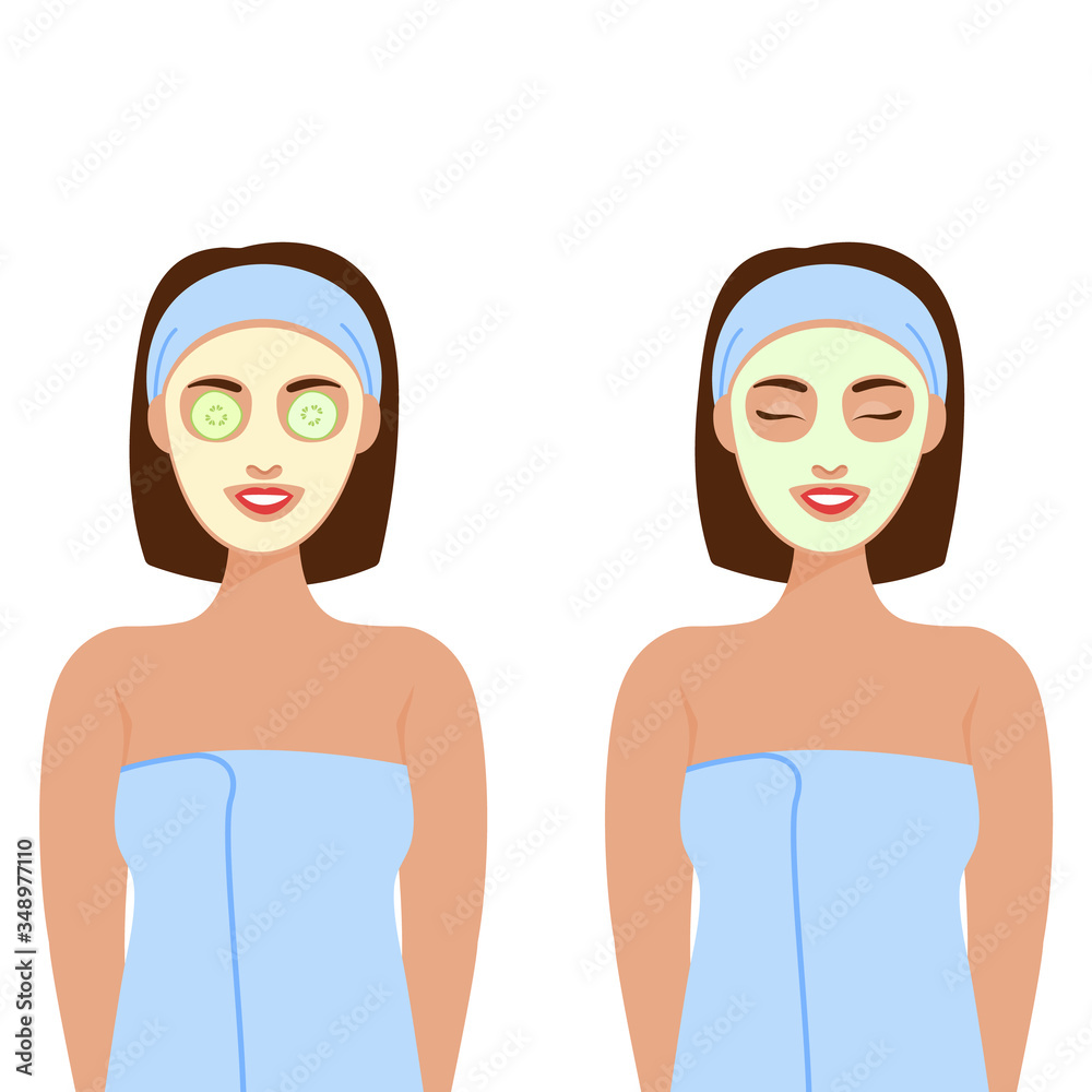 A woman with different cosmetic masks on her face, a mask of cucumbers. Quarantine. Beauty and Health, mental health. Personal home care. A woman with different cosmetic masks on her face, a mask of cucumbers. Quarantine. Beauty and Health, mental health. Personal home care.