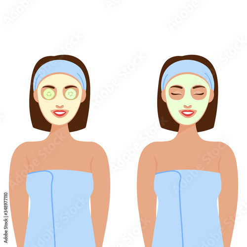 A woman with different cosmetic masks on her face, a mask of cucumbers. Quarantine. Beauty and Health, mental health. Personal home care.
