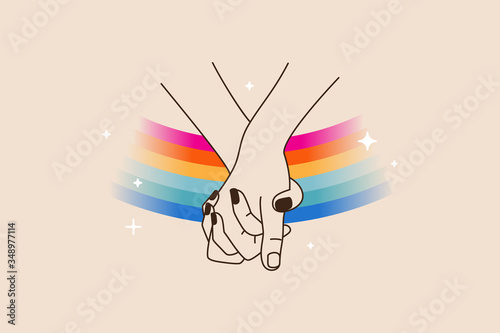 Vector illustration in flat simple linear style - hand and pride LGBT rainbow heart - lesbian gay bisexual transgender love concept photo