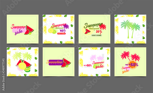 summer instagram post collection. Vector seth instagram template post summer discounts and sales collection with fruits and tropical plants.