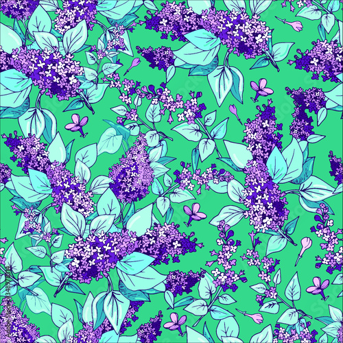 pattern, lilac, flowers, on a turquoise background, seamless, vector