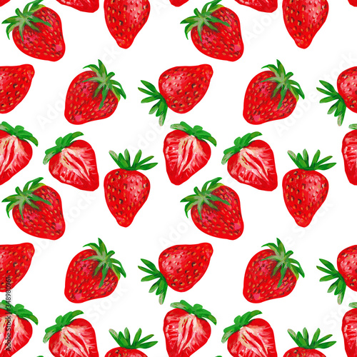 Fototapeta Naklejka Na Ścianę i Meble -  Strawberry on a white background. Fruit seamless pattern design for wallpaper, paper, textile, fabric.