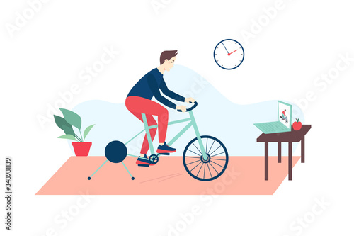 Fitness online course concept. Man doingfitness on an exercise bike at home using his laptop. vector cartoon illustration for banners, websites and social media