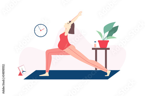 Prenatal yoga online course concept. Pregnant woman doing yoga online at home using her tablet. vector flat cartoon illustration for banners, websites and social media