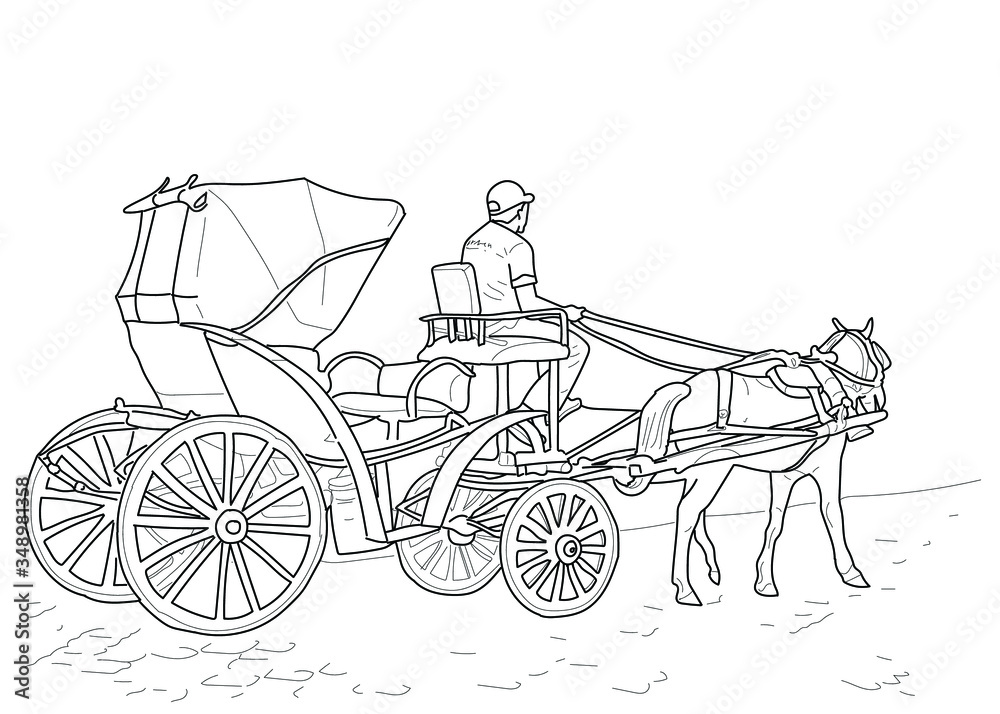 Hand drawn vector coloring book for children and adults - Tourist carriage rides along the street. Coachman drives a horse