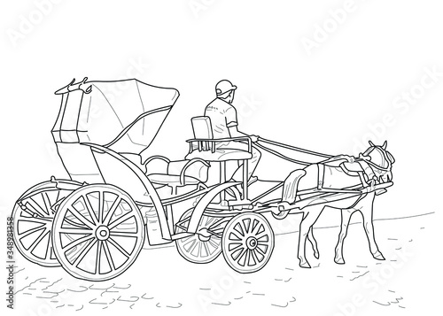 Hand drawn vector coloring book for children and adults - Tourist carriage rides along the street. Coachman drives a horse