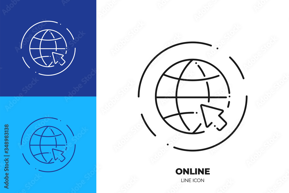 World with mouse cursor line art vector icon. Outline symbol of internet browser. World with mouse cursor line art vector icon. Outline symbol of internet browser.