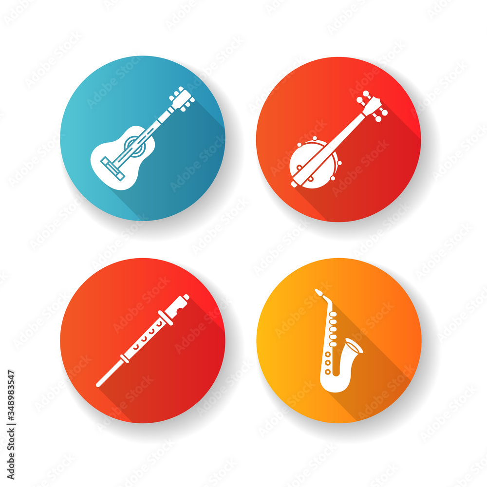 Orchestral musical instruments flat design long shadow glyph icons set. Acoustic guitar. Banjo for western country music. Flute tune. Saxophone sound. Silhouette RGB color illustration Orchestral musical instruments flat design long shadow glyph icons set. Acoustic guitar. Banjo for western country music. Flute tune. Saxophone sound. Silhouette RGB color illustration